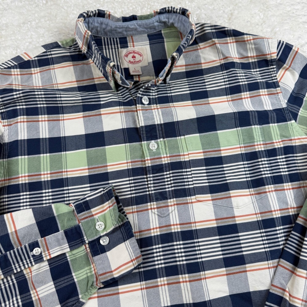 Brooks Brothers Red Fleece Shirt Mens L Multi Plaid Long Sleeve Pullover Casual